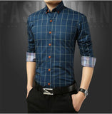 Autumn  Men's Social Shirt Slim Fit Long Sleeve Plaid Cotton Casual Brand Clothes Mart Lion   