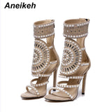 Aneikeh Women Open Toe Rhinestone Design High Heel Sandals Crystal Ankle Wrap Glitter Diamond Gladiator Black Mart Lion Apricot 4 