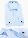 Men's Classic French Cuffs Solid Dress Shirt Covered Placket Formal Standard-fit Long Sleeve Office Work White Mart Lion   