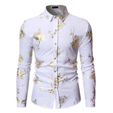 Men's Gold Rose Floral Print Shirts Floral Steampunk Chemise White Long Sleeve Wedding Party MartLion   
