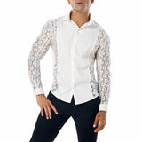 Luxury Floral Embroidery Lace Shirt Men's Transparent Dress See Trough Club Party Black Mart Lion   