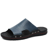 Men's Slippers Summer Flat Summer Shoes Breathable Beach Slippers Split Leather Flip Flops Mart Lion blue 6.5 