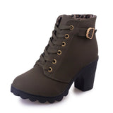 Women Boots Ankle Platform High Heels Lace Up Buckle Strap Shoes Thick Heel Short Boot Ladies MartLion army green 5 