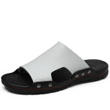 Men's Slippers Summer Flat Summer Shoes Breathable Beach Slippers Split Leather Flip Flops Mart Lion white 6.5 