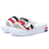 Women Slippers Flat Shoes Genuine Leather Beach Sandals Ladies Belt Platform Slides Flip Flops Summer MartLion White 8 
