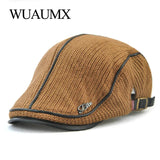 Wuaumx Autumn Winter Crochet Beret Buckle Hats For Men's Beret Cap Women Military Visors Thicken Wool Warmer Knitted Cap Casquette MartLion   