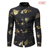 Men's Gold Rose Floral Print Shirts Floral Steampunk Chemise White Long Sleeve Wedding Party MartLion Black USA Size S 