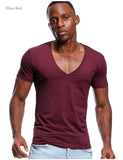 Deep V Neck T Shirt Men's Invisible Undershirt Low Cut Vneck Wide Vee Tee Model Scoop Hem Slim Fit Short Sleeve Mart Lion   