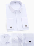 Men's Classic French Cuffs Solid Dress Shirt Covered Placket Formal Standard-fit Long Sleeve Office Work White Mart Lion   