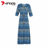 Summer Women Maxi Dress V-Neck Floral Print Beach Dresses Tunic Female Long Dress Clothing MartLion Blue S 