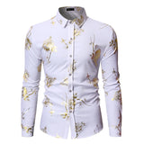 Stylish Rose Floral Gold Print Pink Shirt Men's Slim Fit Long Sleeve Dress Shirts Club Party Wedding Camisa Social MartLion White S 