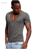 Deep V Neck T Shirt Men's Invisible Undershirt Low Cut Vneck Wide Vee Tee Model Scoop Hem Slim Fit Short Sleeve Mart Lion   