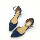 Women Buckle Strap Low Heels Pumps Pointed Toe Flock D'Orsay Heels Shoes Single Shoes Blue MartLion   