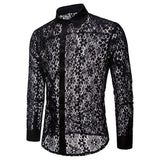 Luxury Floral Embroidery Lace Shirt Men's Transparent Dress See Trough Club Party Black Mart Lion   