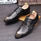 Men's Crocodile Grain Genuine Leather Dress Shoes Pointed Toe Casual Party Oxfords Lace-Up Flats Mart Lion   