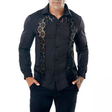 Luxury Floral Embroidery Lace Shirt Men's Transparent Dress See Trough Club Party Black Mart Lion   