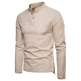Spring Cotton Linen T Shirts Men's Slim Fit Long Sleeve Tops Tees Solid Color Breathable Causal Linen Mart Lion Khaki M 