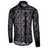 Luxury Floral Embroidery Lace Shirt Men's Transparent Dress See Trough Club Party Black Mart Lion   