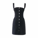 Women Black Blue Sundress Denim Dress Preppy Adjustable  Dress Female MartLion black M 