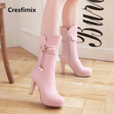 women casual 9cm high heel autumn boots lady cute winter mid calf boots MartLion   