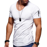 Men's V-neck T-shirt Fitness Bodybuilding High Street Summer Short-Sleeved Zipper Casual Cotton Top Mart Lion white M 