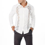 Luxury Floral Embroidery Lace Shirt Men's Transparent Dress See Trough Club Party Black Mart Lion   