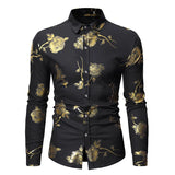 Stylish Rose Floral Gold Print Pink Shirt Men's Slim Fit Long Sleeve Dress Shirts Club Party Wedding Camisa Social MartLion Black S 