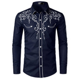 Men's Western Cowboy Shirt Stylish Embroidered Slim Fit Long Sleeve Party Design Banquet Button Down Mart Lion Navy US Size S 