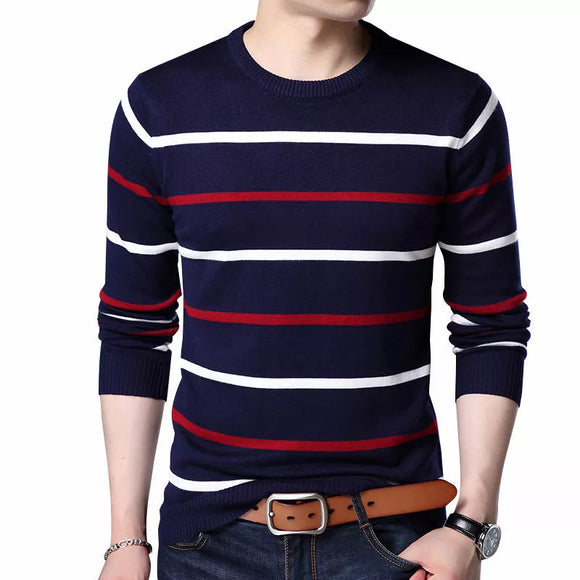 Pullover Men's Clothing Autumn Winter Wool Round Collar Slim fit Sweater Casual Striped Pull Jumper MartLion   