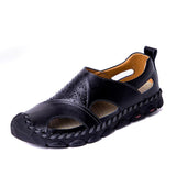 Summer Sandals Men's Breathable Genuine Leather Flats Casual Beach shoes Mart Lion black 6.5 