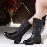 Women's Mother Female Ladies Leather Shoes Boots Botas Knee High Zipper Winter Warm Plush Mid Calf MartLion