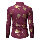 Men's Gold Rose Floral Print Shirts Floral Steampunk Chemise White Long Sleeve Wedding Party MartLion   