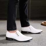 White PU Leather Men's Dress Shoes Oxfords Slip On Party Wedding Derby Casual Flats Mart Lion   