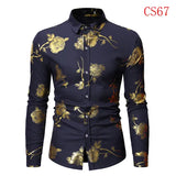 Men's Gold Rose Floral Print Shirts Floral Steampunk Chemise White Long Sleeve Wedding Party MartLion Navy USA Size S 