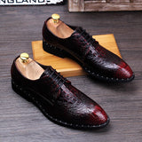 Men's Crocodile Grain Genuine Leather Dress Shoes Pointed Toe Casual Party Oxfords Lace-Up Flats Mart Lion   