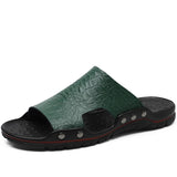 Men's Slippers Summer Flat Summer Shoes Breathable Beach Slippers Split Leather Flip Flops Mart Lion green 6.5 