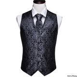 Rose Red Men's Wedding Suit Vest Blue Floral Jacquard Folral Silk Waistcoat Vests Handkerchief Tie Vest Suit Set Barry Wang Design Mart Lion   