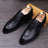 Men's Crocodile Grain Genuine Leather Dress Shoes Pointed Toe Casual Party Oxfords Lace-Up Flats Mart Lion   