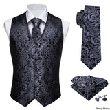 Rose Red Men's Wedding Suit Vest Blue Floral Jacquard Folral Silk Waistcoat Vests Handkerchief Tie Vest Suit Set Barry Wang Design Mart Lion   