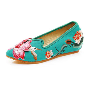 3D Lotus Women Pointed Toe Canvas Ballet Flats Flower Embroidered Slip on Comfort Cotton Shoes MartLion Green 4 