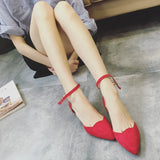 Women Buckle Strap Low Heels Pumps Pointed Toe Flock D'Orsay Heels Shoes Single Shoes Blue MartLion   