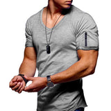 Men's V-neck T-shirt Fitness Bodybuilding High Street Summer Short-Sleeved Zipper Casual Cotton Top Mart Lion light grey M 