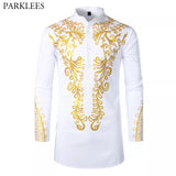 Men's Slim Fit Long Sleeve Dress Shirts White Dashiki Print Shirt Streetwear Casual Shirt MartLion   