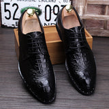 Men's Crocodile Grain Genuine Leather Dress Shoes Pointed Toe Casual Party Oxfords Lace-Up Flats Mart Lion   