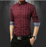 Autumn  Men's Social Shirt Slim Fit Long Sleeve Plaid Cotton Casual Brand Clothes Mart Lion   