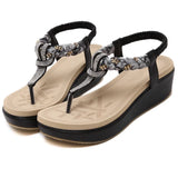 Platform Sandals For Women Bohemia Beach Rhinestone T-Strap Shoes MartLion   