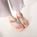 Platform Sandals For Women Bohemia Beach Rhinestone T-Strap Shoes MartLion   