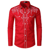 Men's Western Cowboy Shirt Stylish Embroidered Slim Fit Long Sleeve Party Design Banquet Button Down Mart Lion Red US Size S 