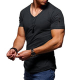 Men's V-neck T-shirt Fitness Bodybuilding High Street Summer Short-Sleeved Zipper Casual Cotton Top Mart Lion Black M 