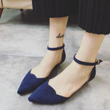 Women Buckle Strap Low Heels Pumps Pointed Toe Flock D'Orsay Heels Shoes Single Shoes Blue MartLion   